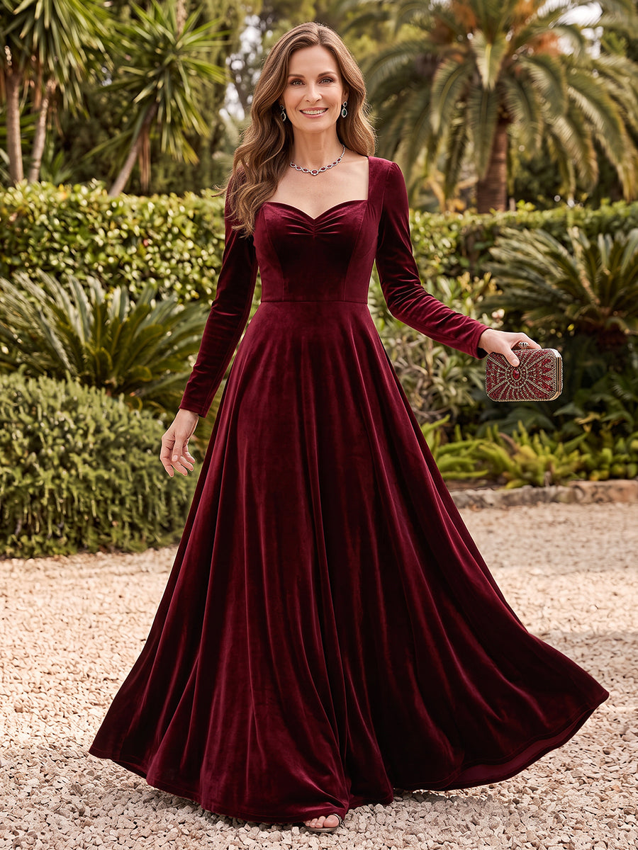 Velvet Long Sleeves A Line Mother of the Bride/Groom Dresses V Neck Floor Length