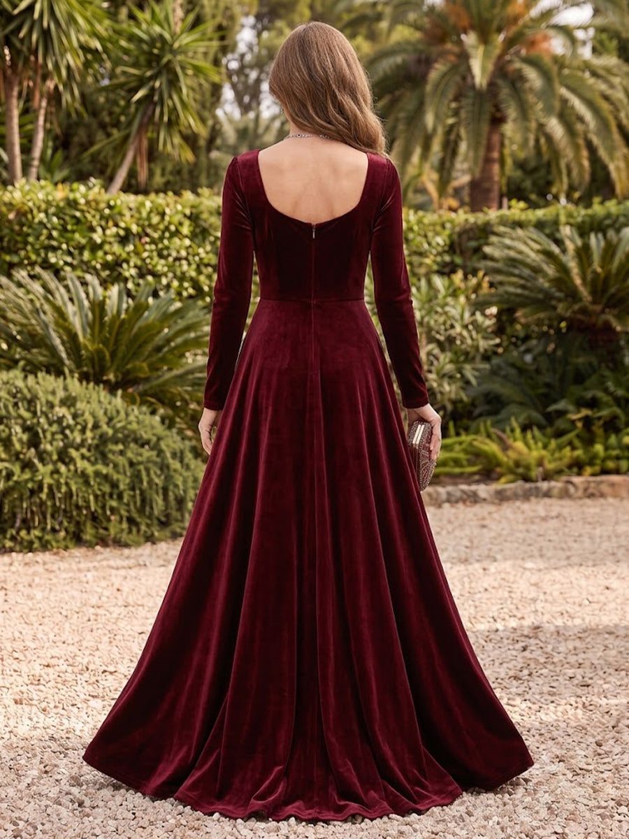 Velvet Long Sleeves A Line Mother of the Bride/Groom Dresses V Neck Floor Length