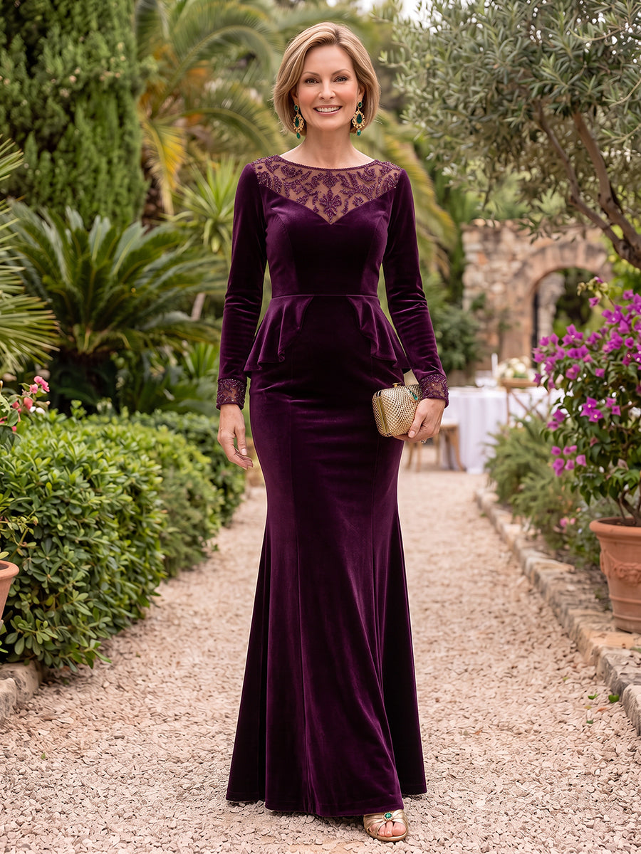 2 Pieces Long Sleeves Velvet Mother of the Bride/Groom Dresses Mermaid/Sheath Scoop Neck Floor Length