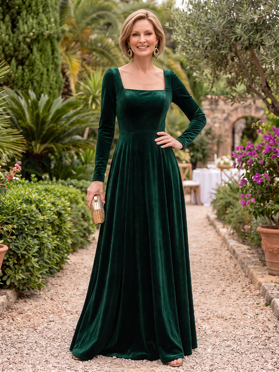 Velvet Long Sleeves A Line Mother of the Bride/Groom Dresses Square Neck Floor Length