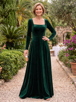 Velvet Long Sleeves A Line Mother of the Bride/Groom Dresses Square Neck Floor Length
