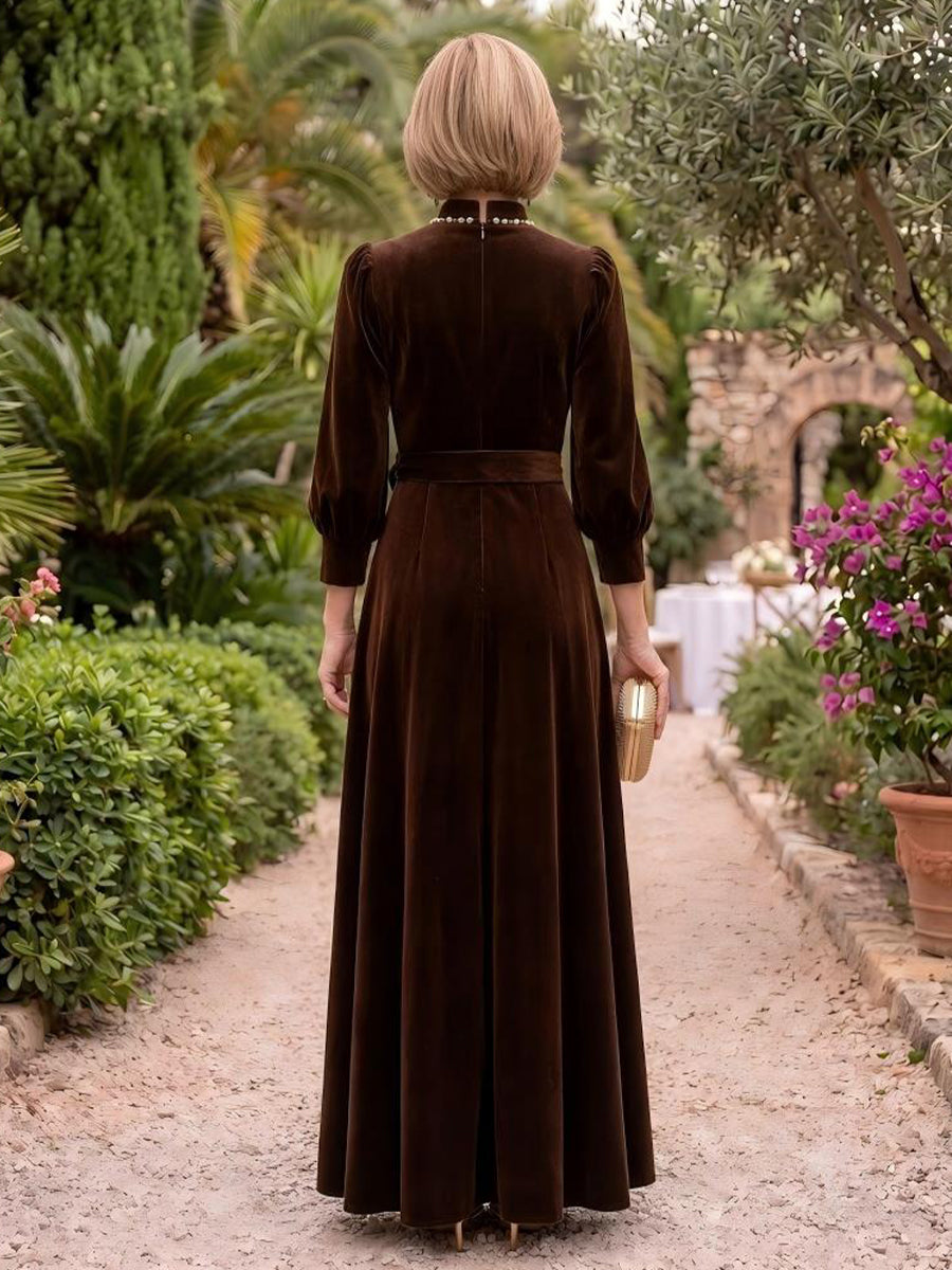 Velvet Long Sleeves A Line Mother of the Bride/Groom Dresses V Neck Floor Length with Belt