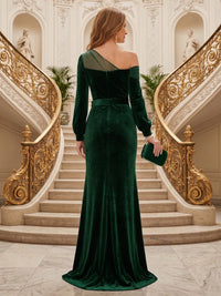 Velvet Mermaid/Sheath Long Sleeves Mother of the Bride/Groom Dresses One Shoulder Floor Length with Bow