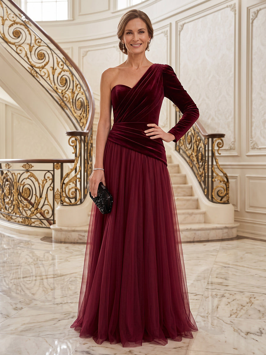 One Shoulder Velvet Long Sleeves A Line Mother of the Bride/Groom Dresses Floor Length