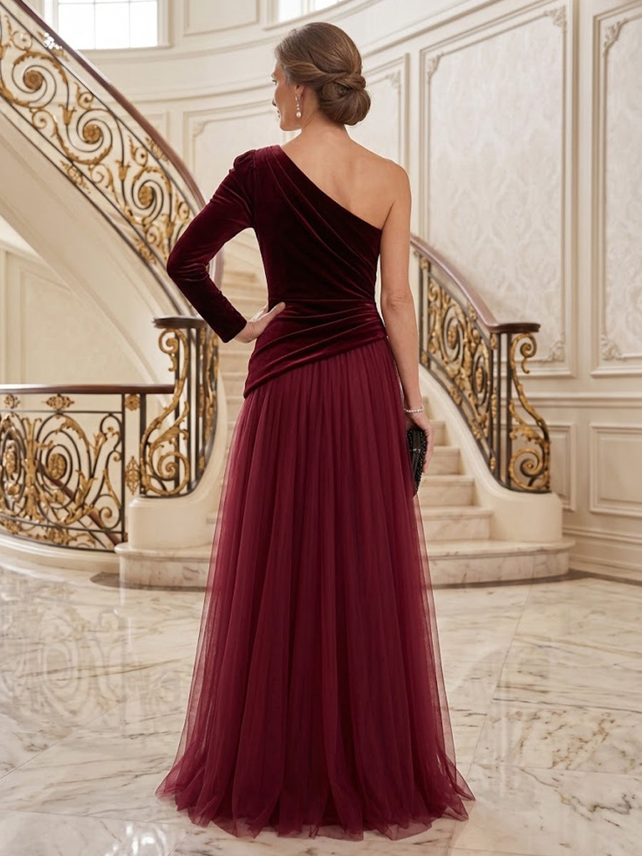 One Shoulder Velvet Long Sleeves A Line Mother of the Bride/Groom Dresses Floor Length