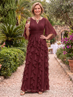 Half Sleeves Floor Length Ruffle Chiffon Mother of the Bride/Groom Dresses A Line V Neck Pleated