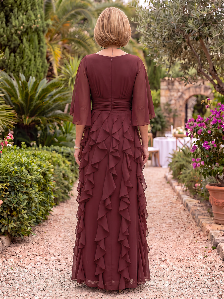 Half Sleeves Floor Length Ruffle Chiffon Mother of the Bride/Groom Dresses A Line V Neck Pleated