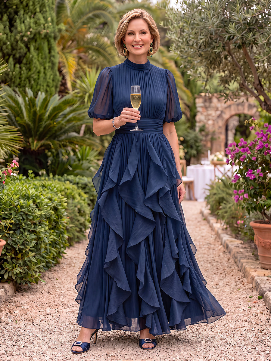 Short Sleeves Floor Length Ruffle Chiffon Mother of the Bride/Groom Dresses A Line High Neck Pleated