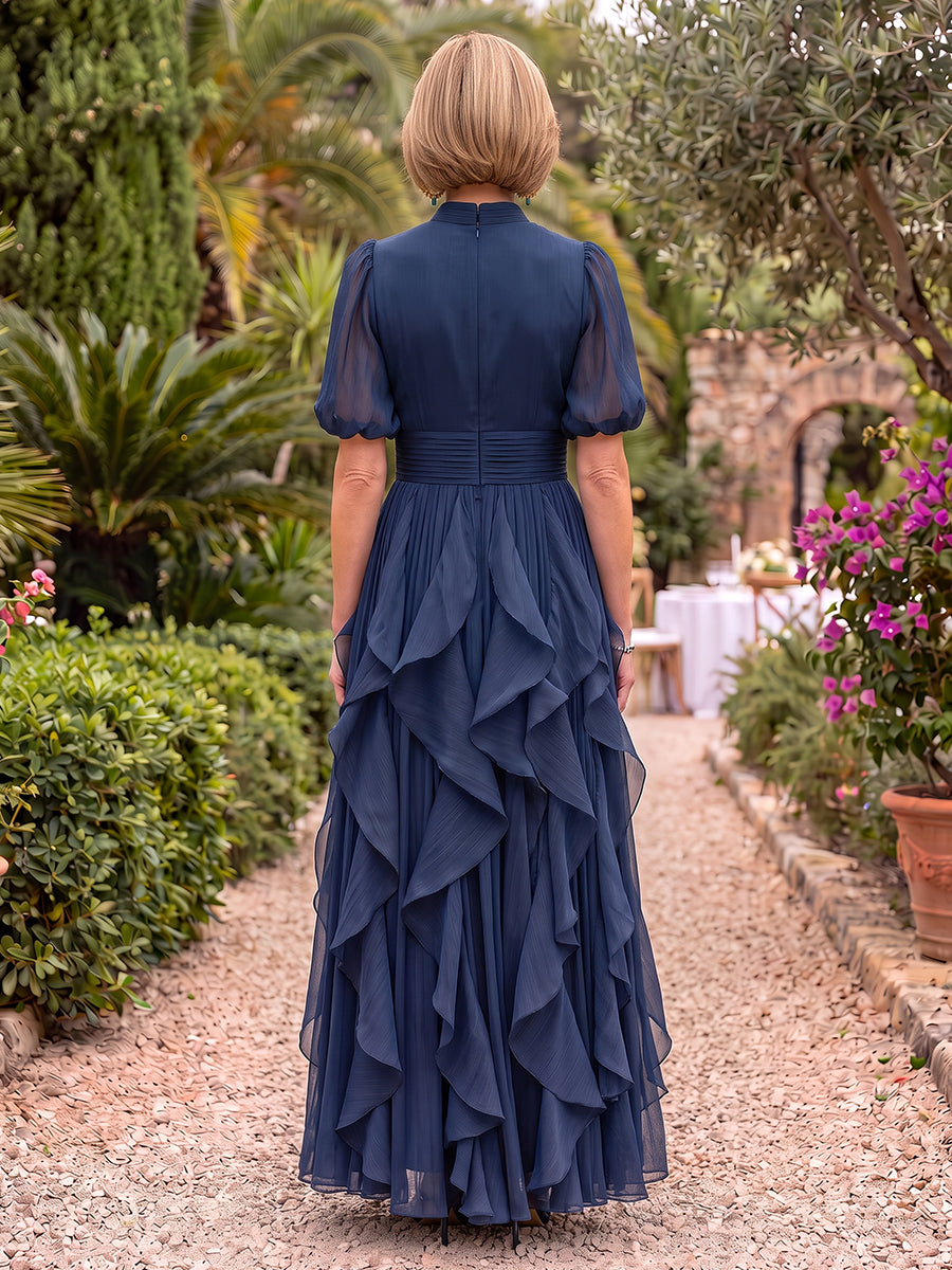 Short Sleeves Floor Length Ruffle Chiffon Mother of the Bride/Groom Dresses A Line High Neck Pleated