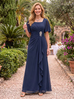 Short Sleeves Floor Length Ruffle Chiffon Mother of the Bride/Groom Dresses A Line Square Neck