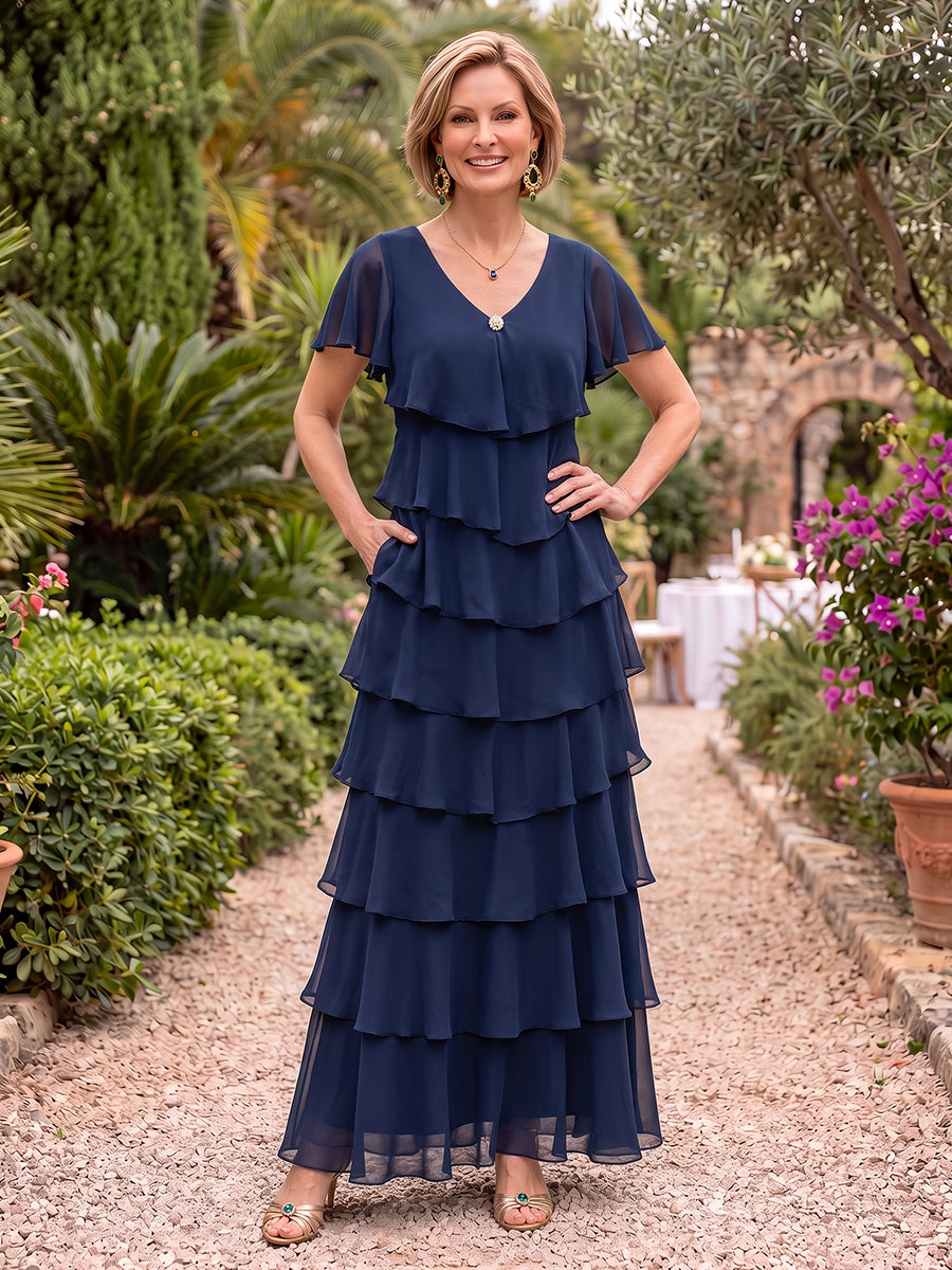 Short Sleeves Tiered Chiffon Mother of the Bride/Groom Dresses A Line V Neck Floor Length