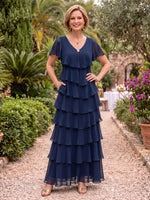 Short Sleeves Tiered Chiffon Mother of the Bride/Groom Dresses A Line V Neck Floor Length