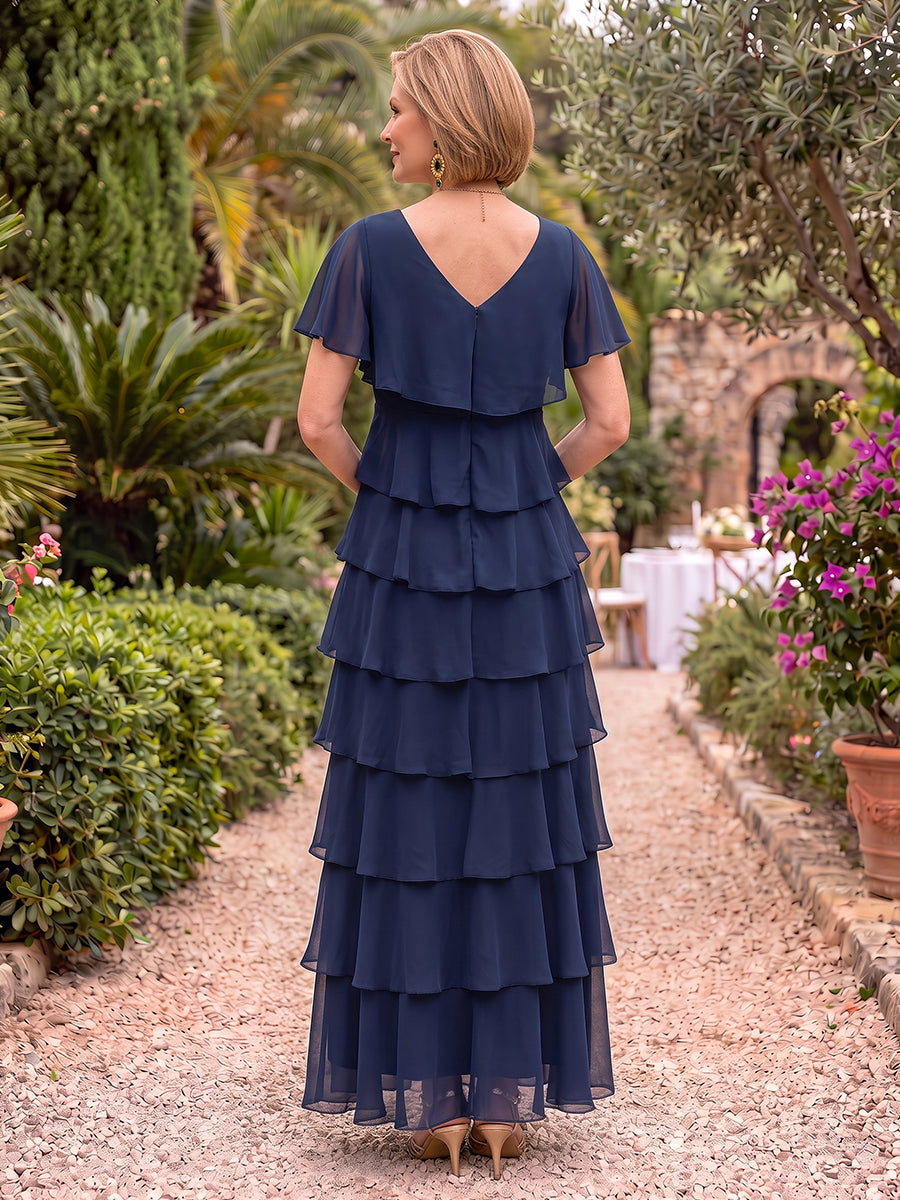 Short Sleeves Tiered Chiffon Mother of the Bride/Groom Dresses A Line V Neck Floor Length
