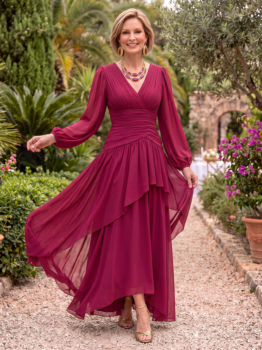 Long Sleeves Pleated Chiffon Mother of the Bride/Groom Dresses A Line V Neck Floor Length