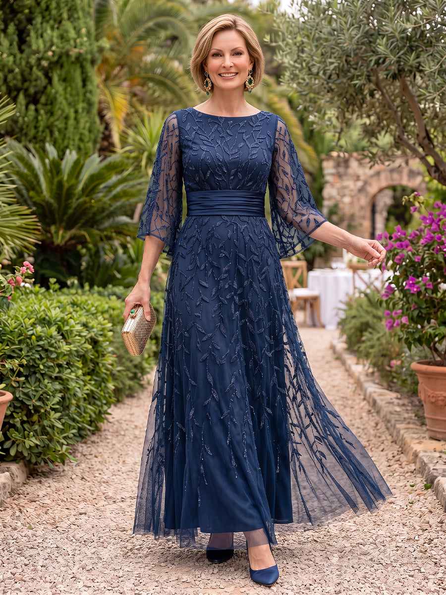 3/4 Sleeves Tulle Mother of the Bride/Groom Dresses A Line Scoop Neck Floor Length