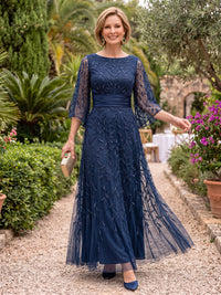 3/4 Sleeves Tulle Mother of the Bride/Groom Dresses A Line Scoop Neck Floor Length