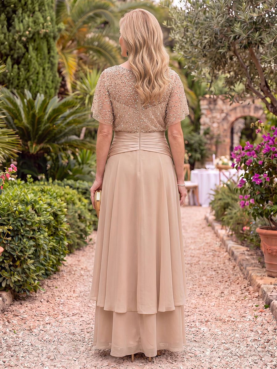 Short Sleeves Scoop Neck Chiffon Mother of the Bride/Groom Dresses A Line Floor Length