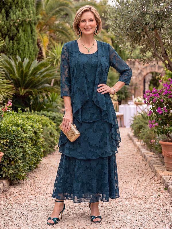 2 Pieces 3/4 Sleeves Scoop Neck Jacquard Mother of the Bride/Groom Dresses with Jacket A Line Ankle Length