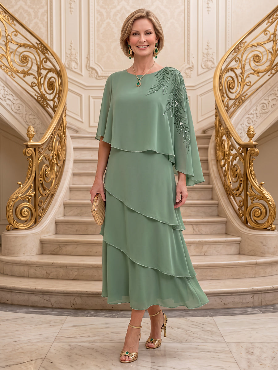Short Sleeves Scoop Neck Chiffon Mother of the Bride/Groom Dresses Tiered A Line Ankle Length