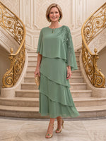 Short Sleeves Scoop Neck Chiffon Mother of the Bride/Groom Dresses Tiered A Line Ankle Length