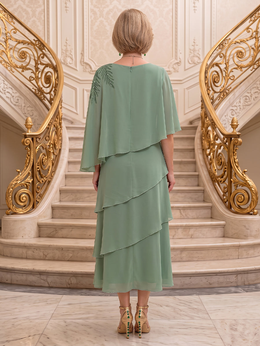 Short Sleeves Scoop Neck Chiffon Mother of the Bride/Groom Dresses Tiered A Line Ankle Length