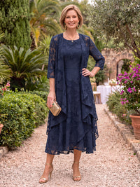 2 Pieces 3/4 Sleeves Scoop Neck Jacquard Mother of the Bride/Groom Dresses with Jacket A Line Tea Length