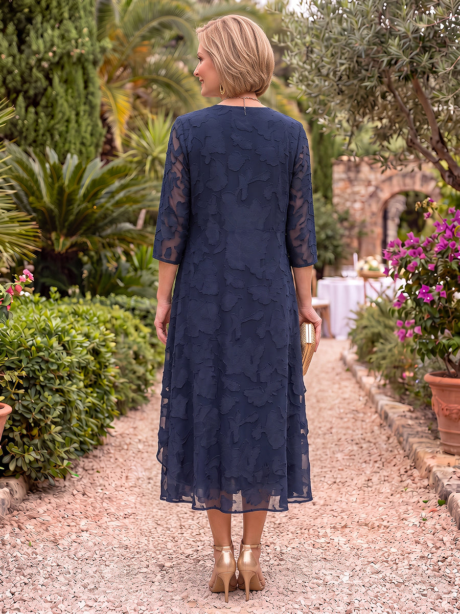 2 Pieces 3/4 Sleeves Scoop Neck Jacquard Mother of the Bride/Groom Dresses with Jacket A Line Tea Length