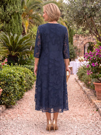 2 Pieces 3/4 Sleeves Scoop Neck Jacquard Mother of the Bride/Groom Dresses with Jacket A Line Tea Length