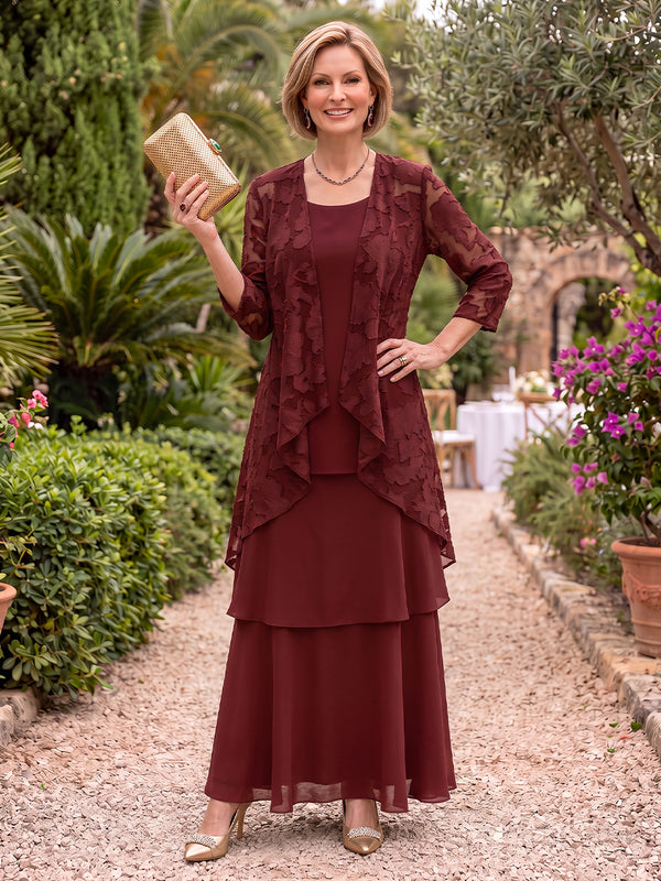 2 Pieces 3/4 Sleeves Scoop Neck Jacquard Mother of the Bride/Groom Dresses with Jacket A Line Floor Length