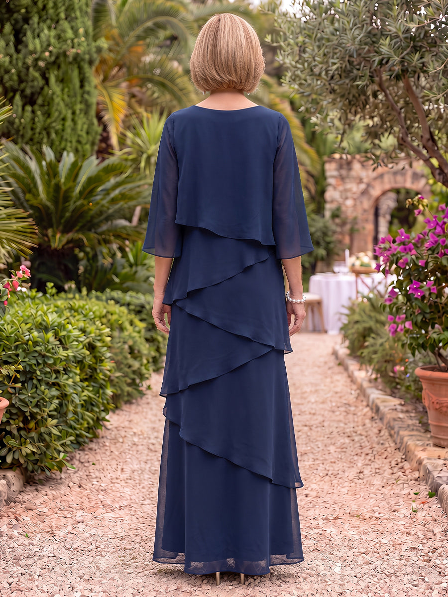 3/4 Sleeves Scoop Neck Mother of the Bride/Groom Dresses Tiered Chiffon A Line Floor Length