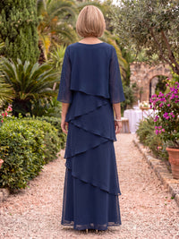 3/4 Sleeves Scoop Neck Mother of the Bride/Groom Dresses Tiered Chiffon A Line Floor Length