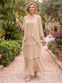 2 Pieces 3/4 Sleeves Scoop Neck Mother of the Bride/Groom Dresses Tiered Chiffon A Line Floor Length with Jacket)