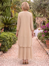 2 Pieces 3/4 Sleeves Scoop Neck Mother of the Bride/Groom Dresses Tiered Chiffon A Line Floor Length with Jacket)