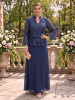 Tiered Chiffon Mother of the Bride/Groom Dresses A Line Stand Collar 3/4 Sleeves Floor Length