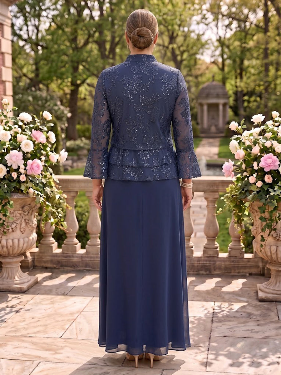 Tiered Chiffon Mother of the Bride/Groom Dresses A Line Stand Collar 3/4 Sleeves Floor Length
