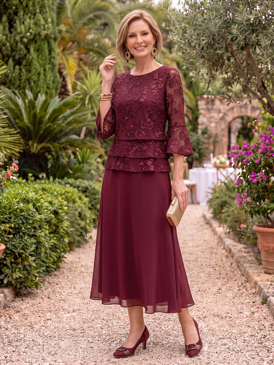 3/4 Sleeves Tea Length Tiered Chiffon Mother of the Bride/Groom Dresses A Line Scoop Neck