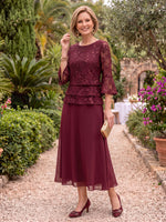 3/4 Sleeves Tea Length Tiered Chiffon Mother of the Bride/Groom Dresses A Line Scoop Neck
