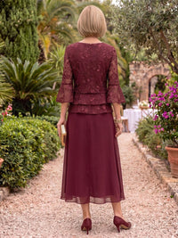 3/4 Sleeves Tea Length Tiered Chiffon Mother of the Bride/Groom Dresses A Line Scoop Neck