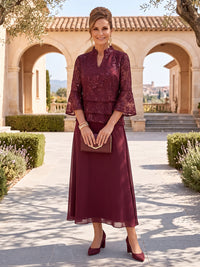 3/4 Sleeves Tea Length Tiered Chiffon Mother of the Bride/Groom Dresses A Line Stand Collar