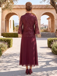 3/4 Sleeves Tea Length Tiered Chiffon Mother of the Bride/Groom Dresses A Line Stand Collar