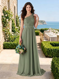 A Line Chiffon Strapless Lace Appliques One Shoulder Long Bridesmaid Dresses