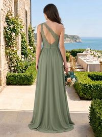 A Line Chiffon Strapless Lace Appliques One Shoulder Long Bridesmaid Dresses