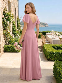 A Line Chiffon V Neck Short Sleeves Long Bridesmaid Dresses