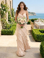 A Line Tiered Ruffles Chiffon V Neck Spaghetti Straps Long Bridesmaid Dresses