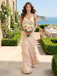 A Line Tiered Ruffles Chiffon V Neck Spaghetti Straps Long Bridesmaid Dresses