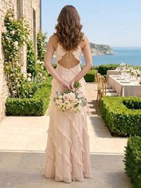 A Line Tiered Ruffles Chiffon V Neck Spaghetti Straps Long Bridesmaid Dresses