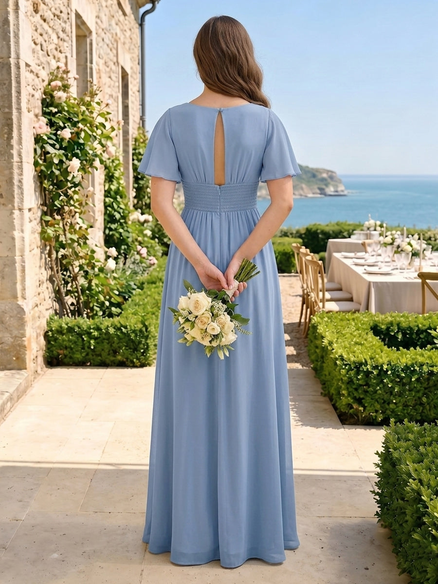 A Line Chiffon Short Sleeves V Neck Long Bridesmaid Dresses