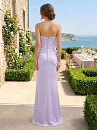 A Line Satin Strapless Long Bridesmaid Dresses with Pockets