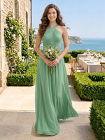 A Line Chiffon Halter Sleeveless Long Bridesmaid Dresses