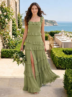 A Line Chiffon Tiered Ruffles Square Neck Spaghetti Straps Long Bridesmaid Dresses